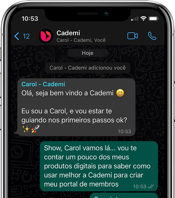 Conversa no grupo de WhatsApp da Cademí com a Carol dando boas-vindas